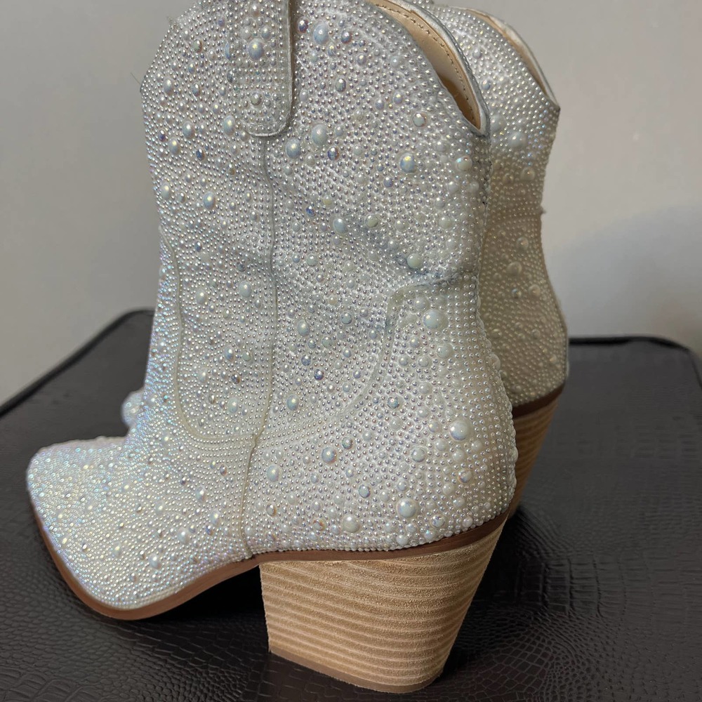 Betsey Johnson Cream Pearl-Embellished Western Ankle Boots - Picture 5 of 8